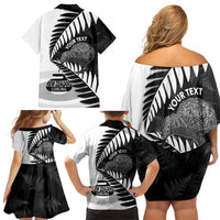New Zealand Silver Fern Curling Personalised Family Matching Off Shoulder Short Dress and Hawaiian Shirt Aotearoa Kiwi Ponga Black White Version - Polynesian Pride