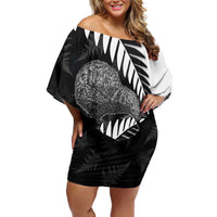 New Zealand Silver Fern Curling Personalised Family Matching Off Shoulder Short Dress and Hawaiian Shirt Aotearoa Kiwi Ponga Black White Version - Polynesian Pride
