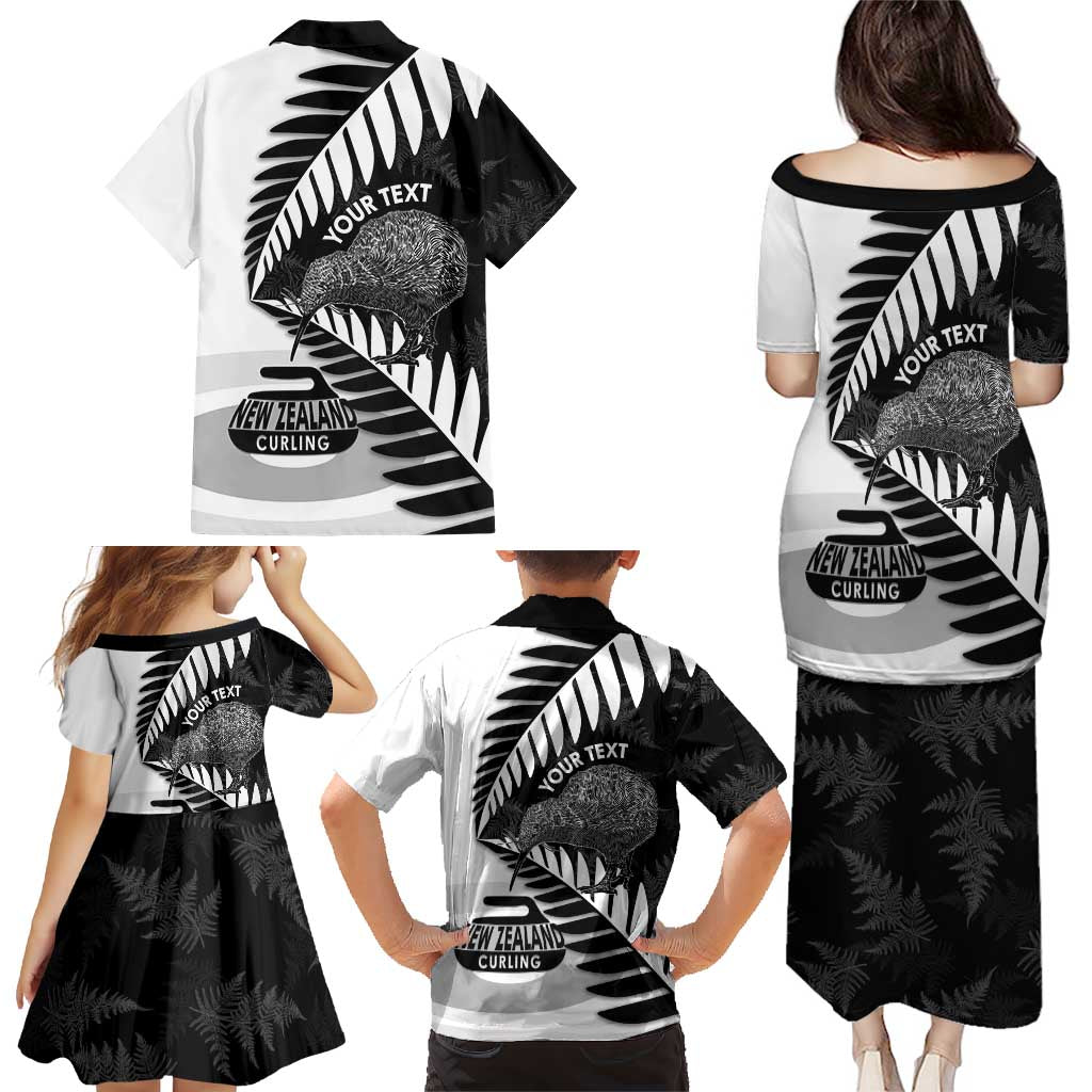 New Zealand Silver Fern Curling Personalised Family Matching Puletasi and Hawaiian Shirt Aotearoa Kiwi Ponga Black White Version - Polynesian Pride