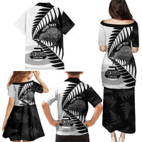 New Zealand Silver Fern Curling Personalised Family Matching Puletasi and Hawaiian Shirt Aotearoa Kiwi Ponga Black White Version - Polynesian Pride