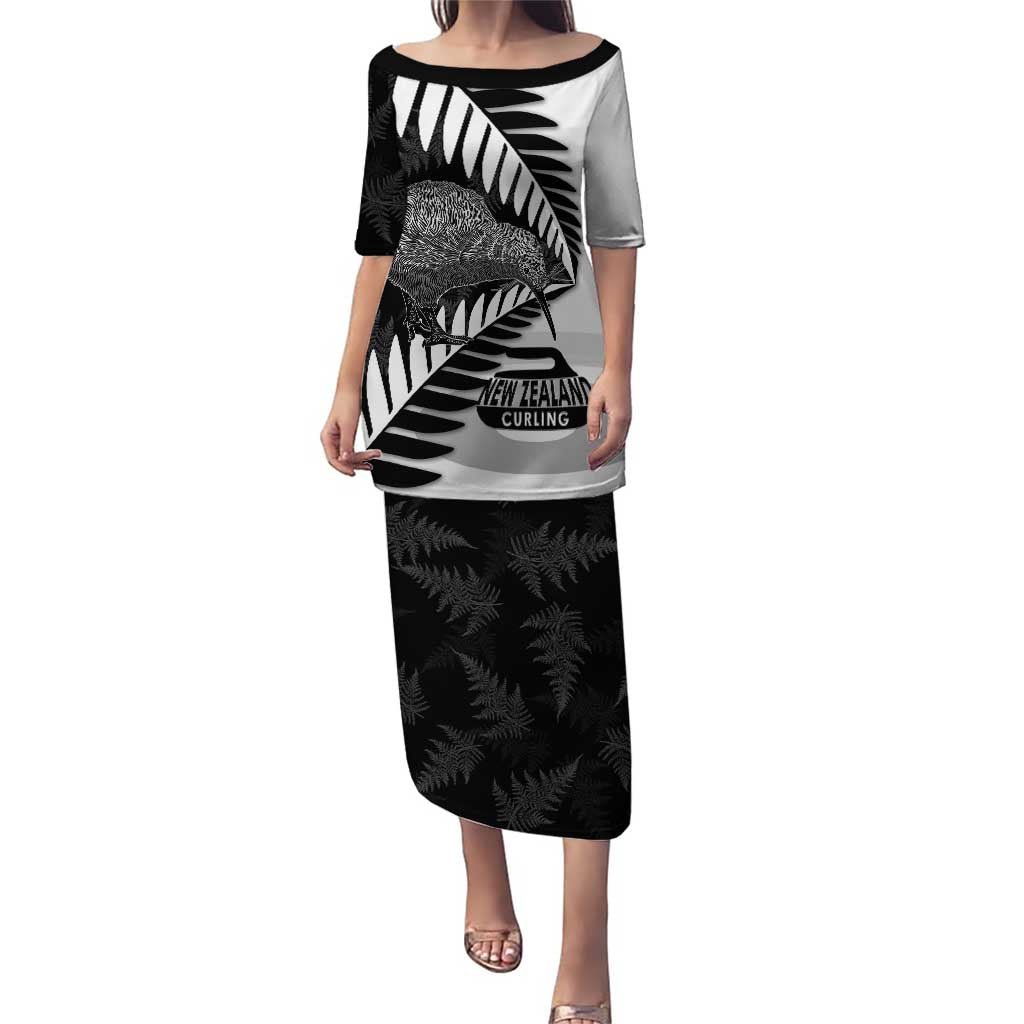 New Zealand Silver Fern Curling Personalised Family Matching Puletasi and Hawaiian Shirt Aotearoa Kiwi Ponga Black White Version - Polynesian Pride