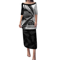 New Zealand Silver Fern Curling Personalised Family Matching Puletasi and Hawaiian Shirt Aotearoa Kiwi Ponga Black White Version - Polynesian Pride