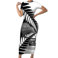 New Zealand Silver Fern Curling Personalised Family Matching Short Sleeve Bodycon Dress and Hawaiian Shirt Aotearoa Kiwi Ponga Black White Version - Polynesian Pride