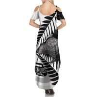 New Zealand Silver Fern Curling Personalised Family Matching Summer Maxi Dress and Hawaiian Shirt Aotearoa Kiwi Ponga Black White Version - Polynesian Pride