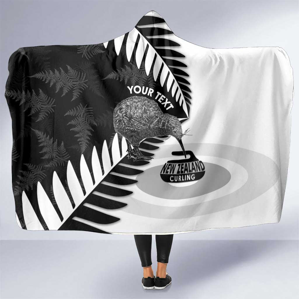 New Zealand Silver Fern Curling Personalised Hooded Blanket Aotearoa Kiwi Ponga Black White Version - Polynesian Pride
