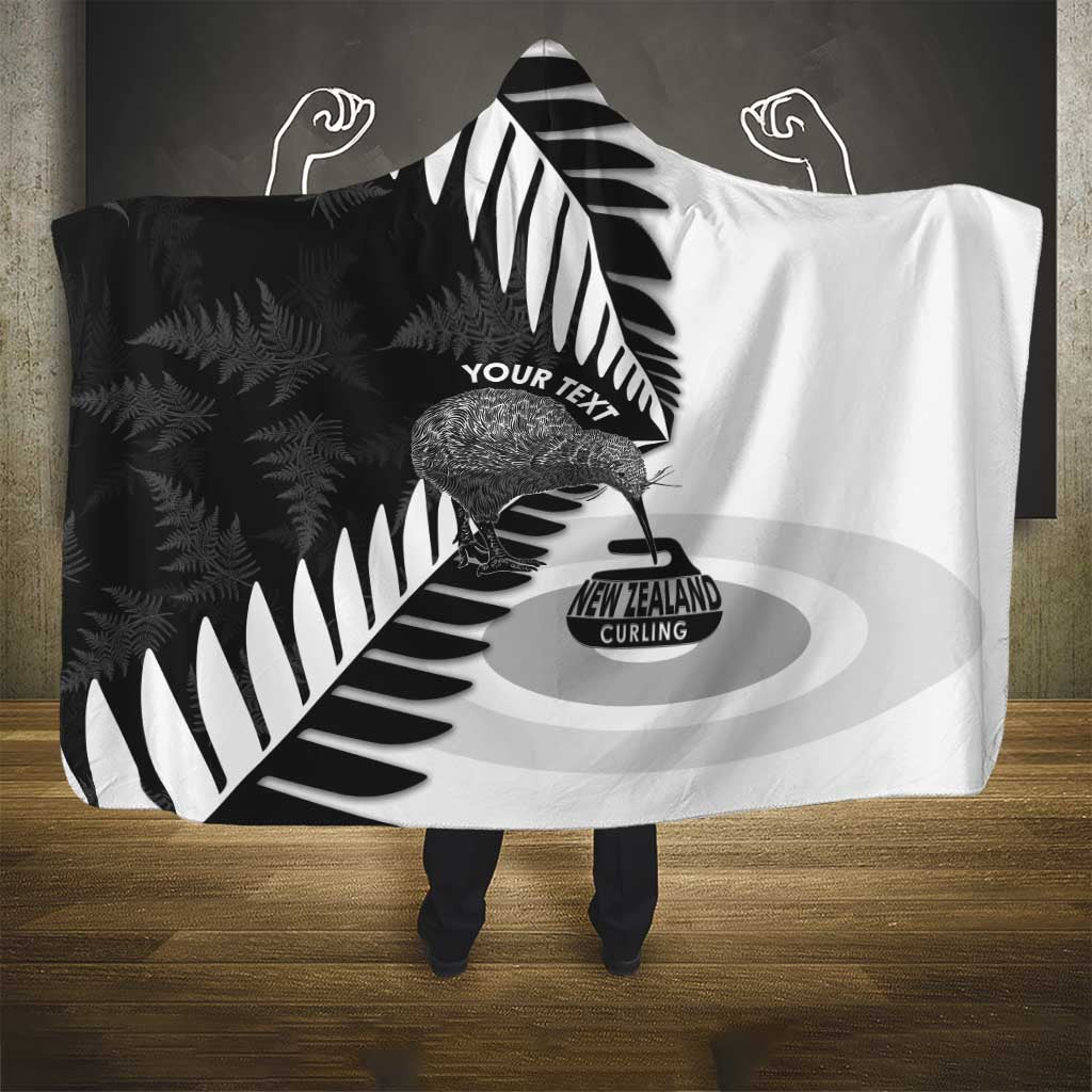 New Zealand Silver Fern Curling Personalised Hooded Blanket Aotearoa Kiwi Ponga Black White Version - Polynesian Pride