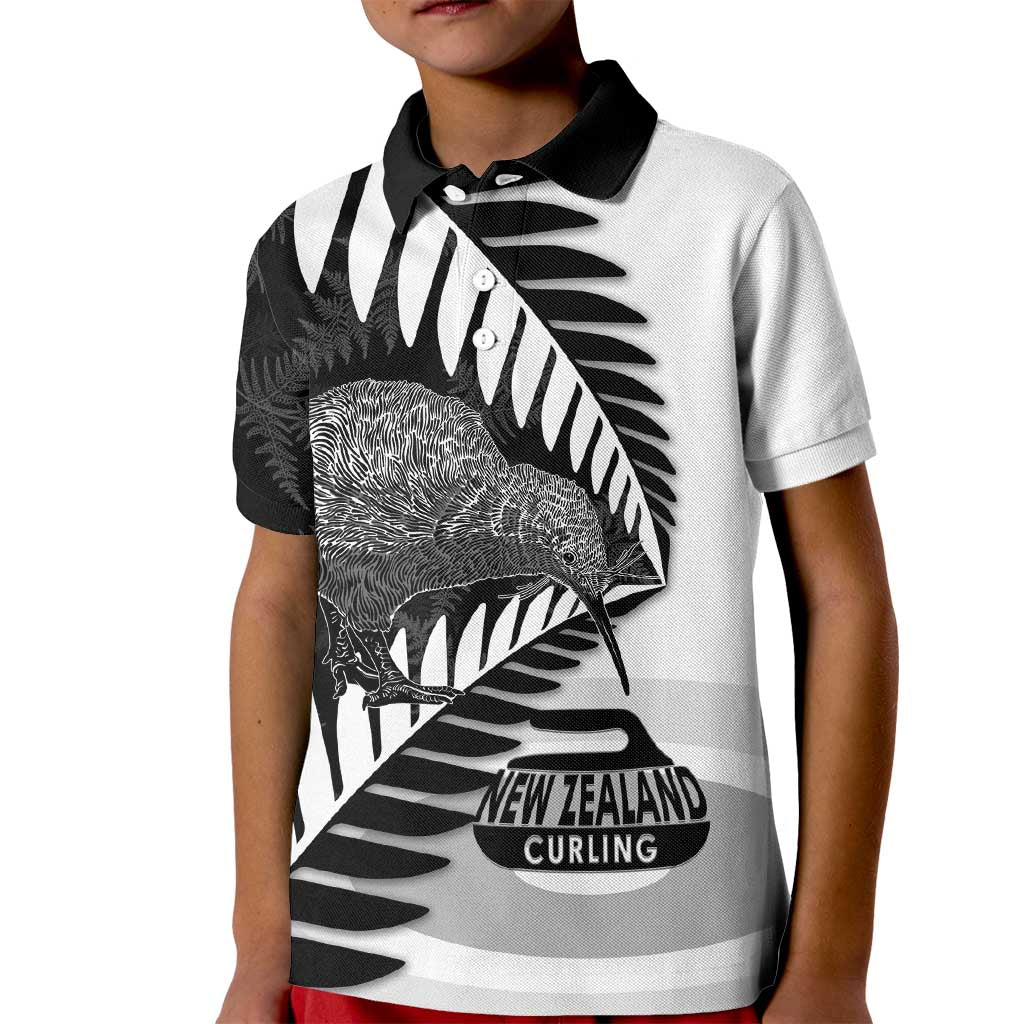 New Zealand Silver Fern Curling Personalised Kid Polo Shirt Aotearoa Kiwi Ponga Black White Version - Polynesian Pride