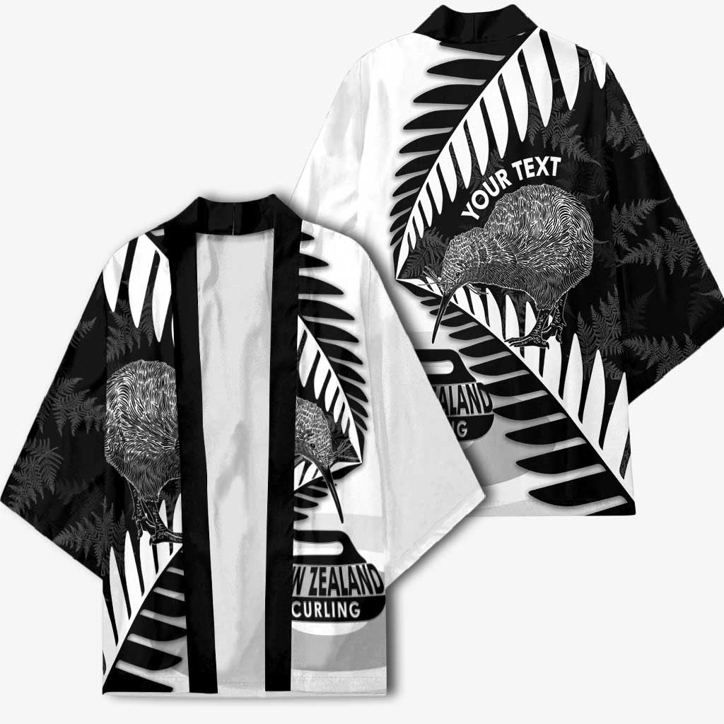 New Zealand Silver Fern Curling Personalised Kimono Aotearoa Kiwi Ponga Black White Version - Polynesian Pride