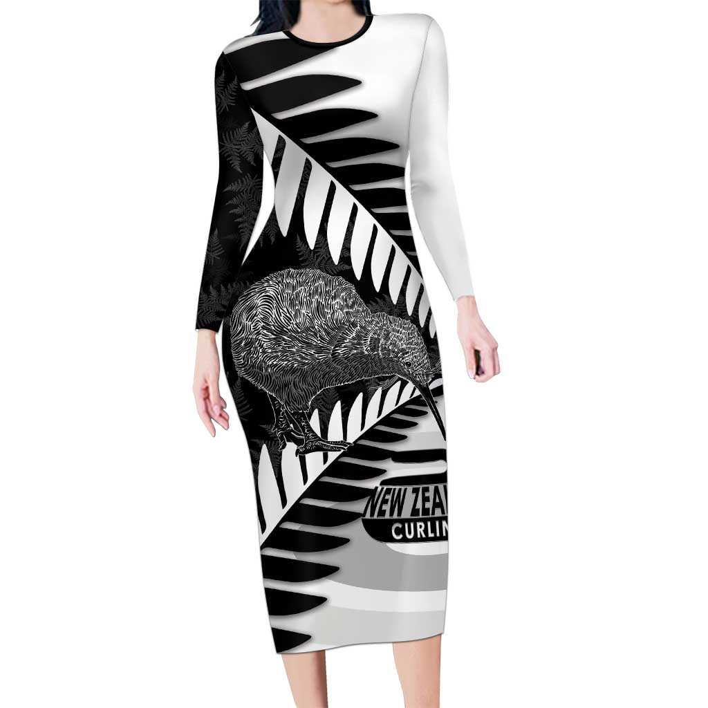 New Zealand Silver Fern Curling Personalised Long Sleeve Bodycon Dress Aotearoa Kiwi Ponga Black White Version - Polynesian Pride