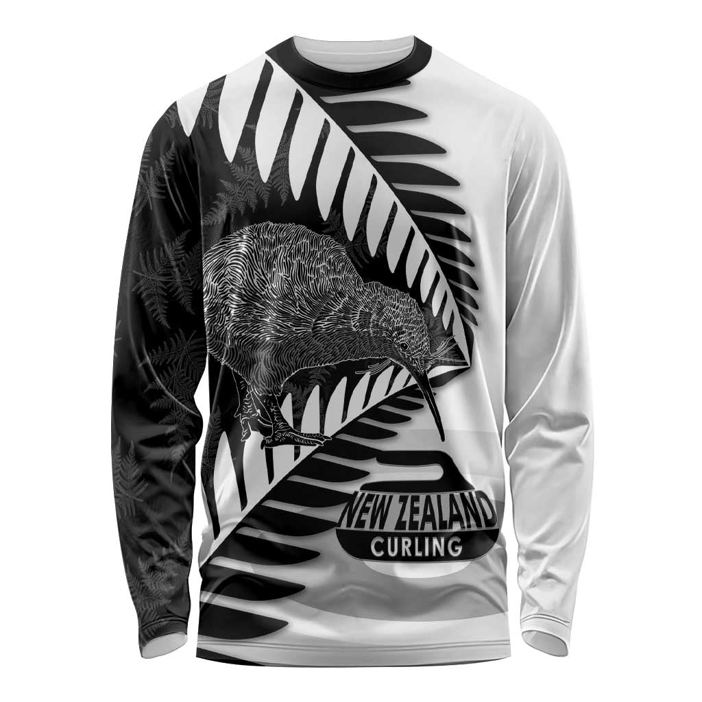 New Zealand Silver Fern Curling Personalised Long Sleeve Shirt Aotearoa Kiwi Ponga Black White Version LT14 Unisex Black - Polynesian Pride