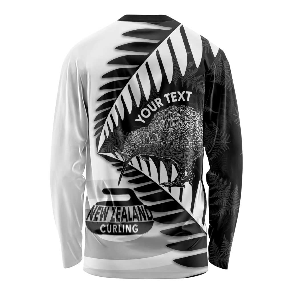 New Zealand Silver Fern Curling Personalised Long Sleeve Shirt Aotearoa Kiwi Ponga Black White Version LT14 - Polynesian Pride