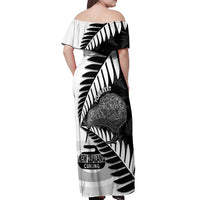 New Zealand Silver Fern Curling Personalised Off Shoulder Maxi Dress Aotearoa Kiwi Ponga Black White Version - Polynesian Pride