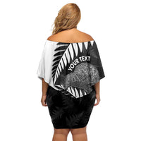 New Zealand Silver Fern Curling Personalised Off Shoulder Short Dress Aotearoa Kiwi Ponga Black White Version - Polynesian Pride