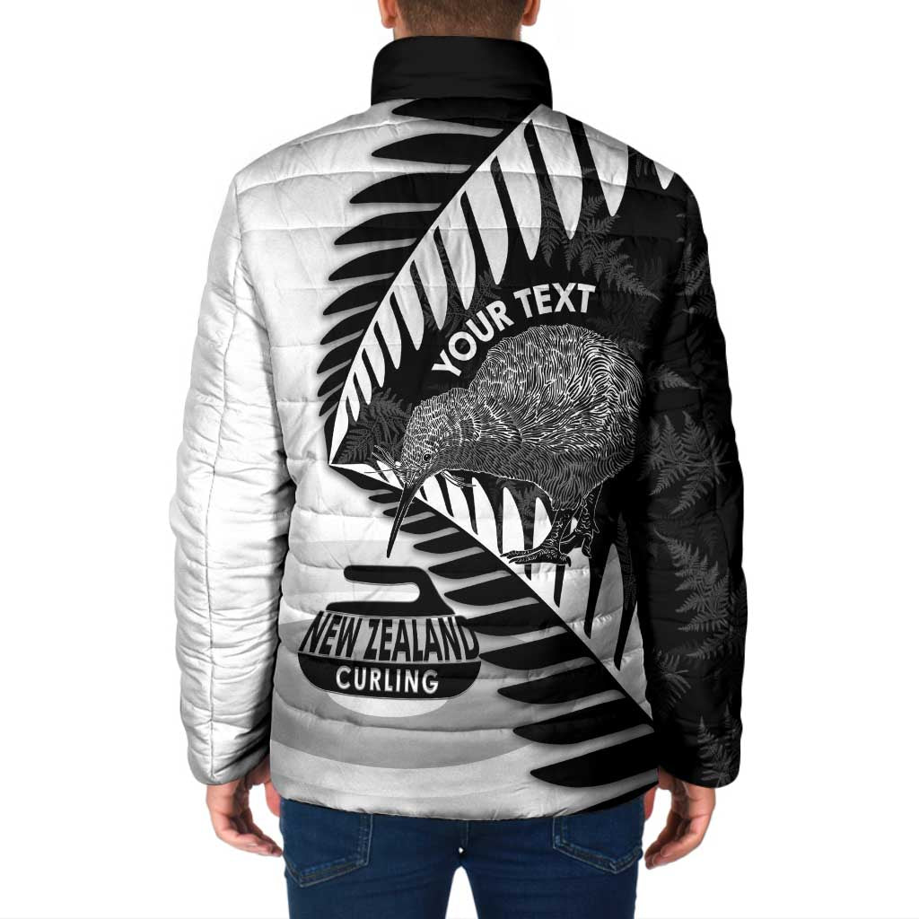 New Zealand Silver Fern Curling Personalised Padded Jacket Aotearoa Kiwi Ponga Black White Version - Polynesian Pride