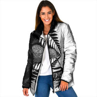 New Zealand Silver Fern Curling Personalised Padded Jacket Aotearoa Kiwi Ponga Black White Version - Polynesian Pride