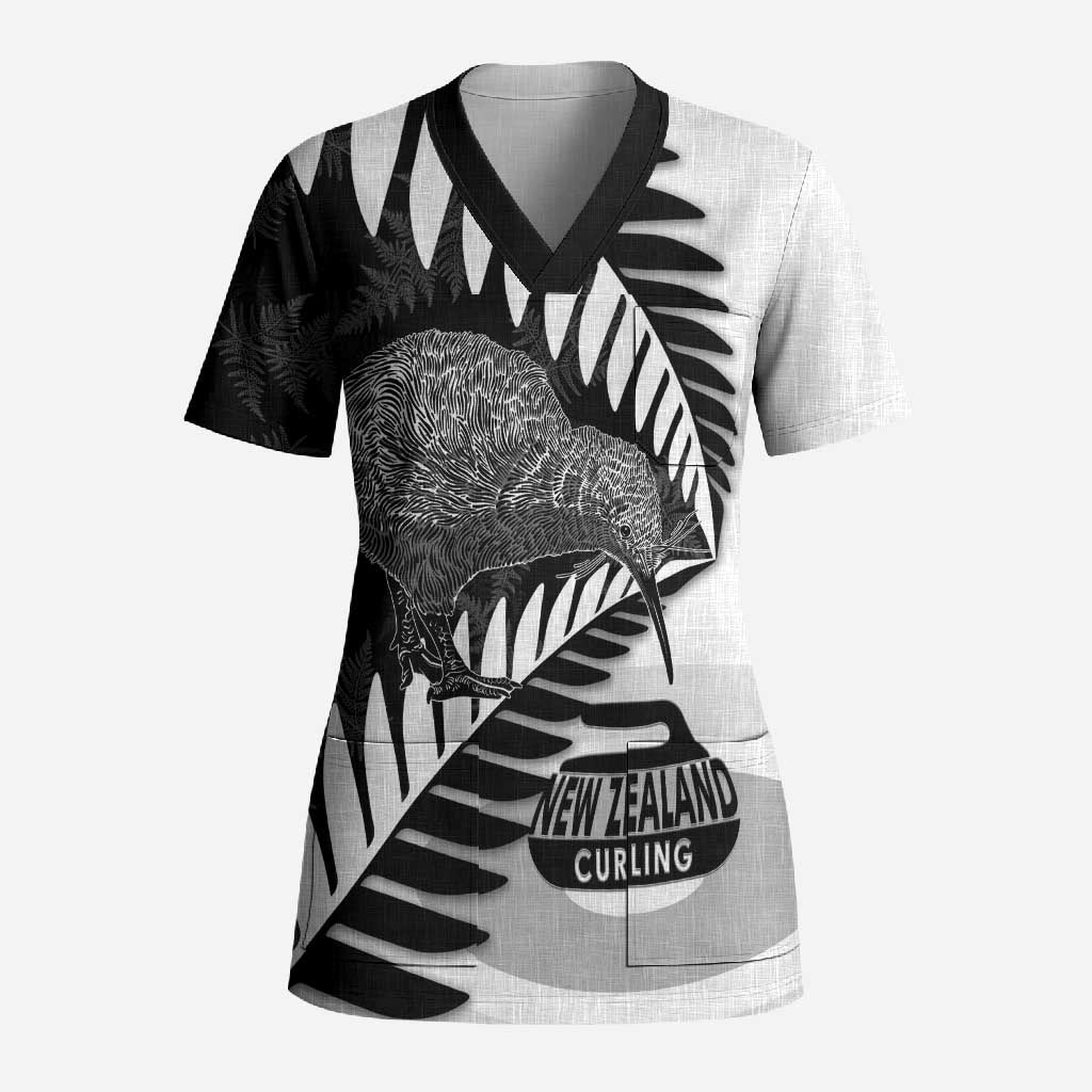 New Zealand Silver Fern Curling Personalised Scrub Top Aotearoa Kiwi Ponga Black White Version - Polynesian Pride