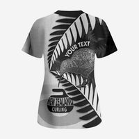 New Zealand Silver Fern Curling Personalised Scrub Top Aotearoa Kiwi Ponga Black White Version - Polynesian Pride