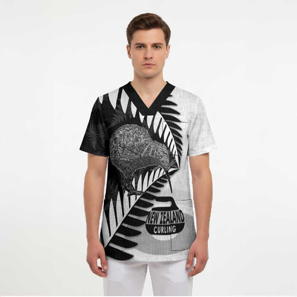 New Zealand Silver Fern Curling Personalised Scrub Top Aotearoa Kiwi Ponga Black White Version - Polynesian Pride