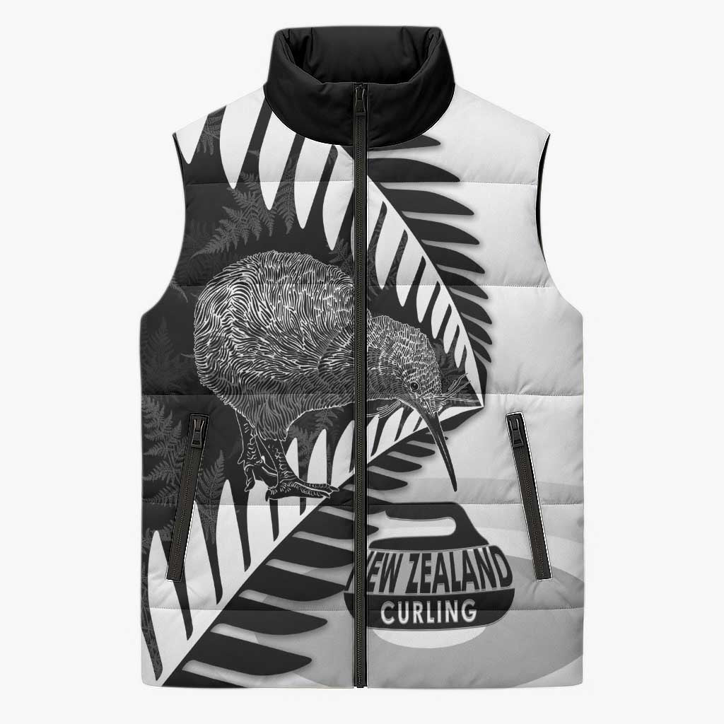 New Zealand Silver Fern Curling Personalised Sleeveless Puffer Jacket Aotearoa Kiwi Ponga Black White Version - Polynesian Pride