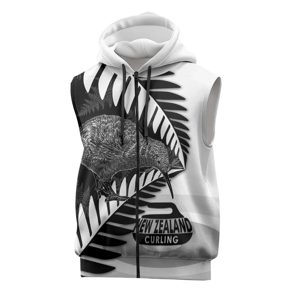 New Zealand Silver Fern Curling Personalised Sleeveless Zip Hoodie Aotearoa Kiwi Ponga Black White Version - Polynesian Pride