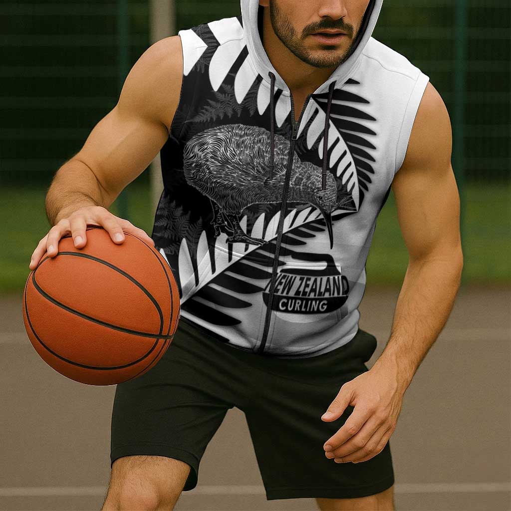 New Zealand Silver Fern Curling Personalised Sleeveless Zip Hoodie Aotearoa Kiwi Ponga Black White Version - Polynesian Pride