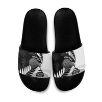 New Zealand Silver Fern Curling Personalised Slide Sandals Aotearoa Kiwi Ponga Black White Version LT14 Black - Polynesian Pride