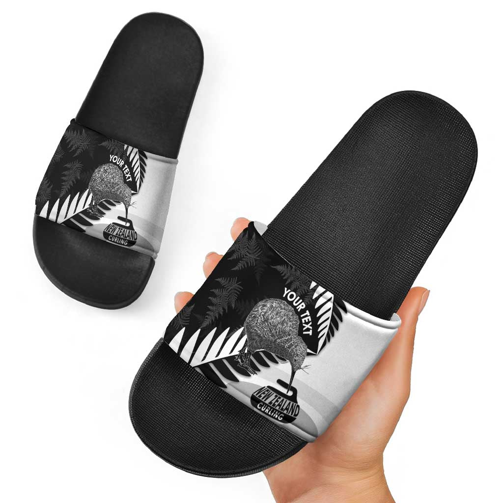 New Zealand Silver Fern Curling Personalised Slide Sandals Aotearoa Kiwi Ponga Black White Version LT14 - Polynesian Pride
