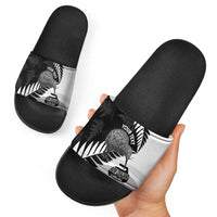 New Zealand Silver Fern Curling Personalised Slide Sandals Aotearoa Kiwi Ponga Black White Version LT14 - Polynesian Pride
