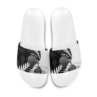 New Zealand Silver Fern Curling Personalised Slide Sandals Aotearoa Kiwi Ponga Black White Version LT14 Black - Polynesian Pride