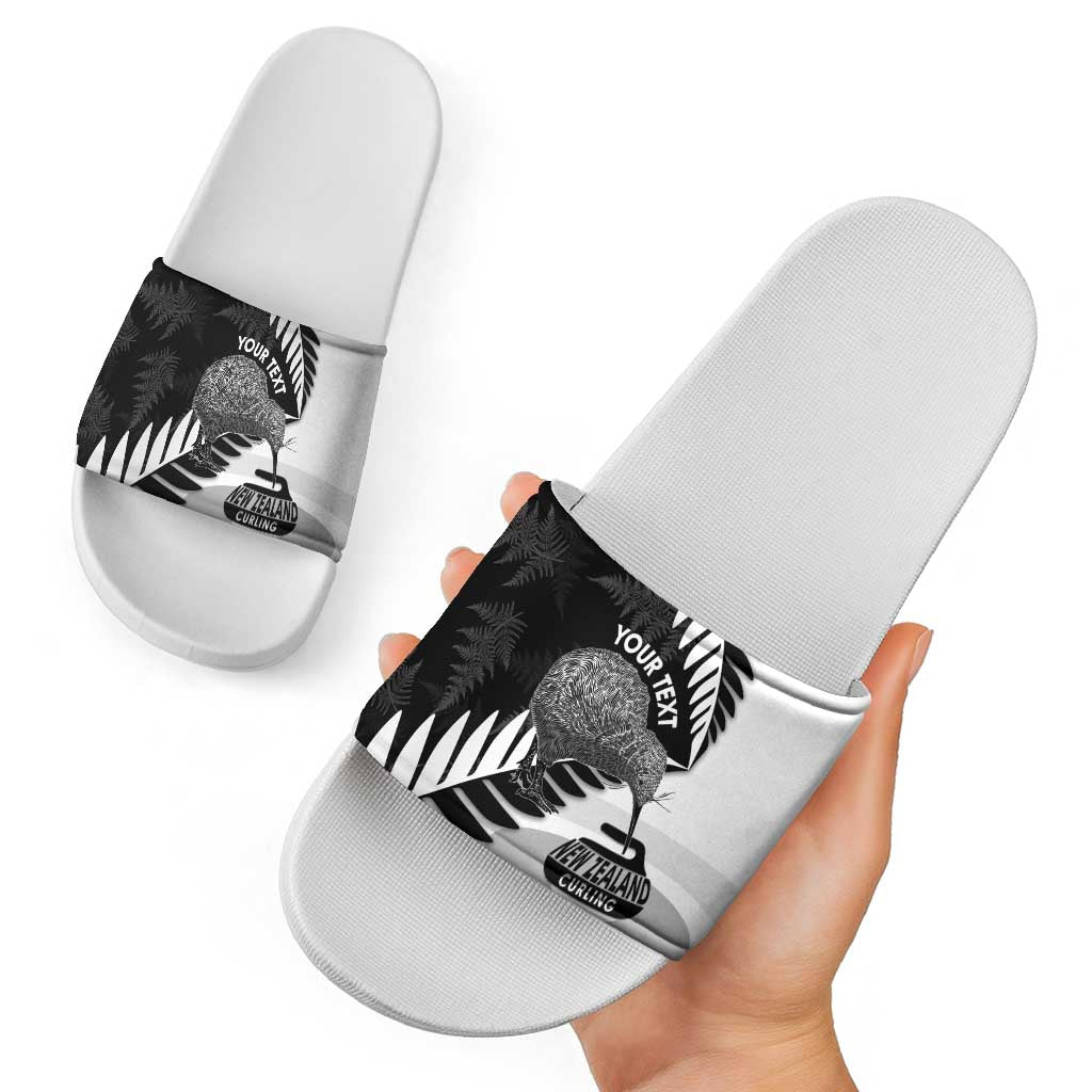 New Zealand Silver Fern Curling Personalised Slide Sandals Aotearoa Kiwi Ponga Black White Version LT14 - Polynesian Pride