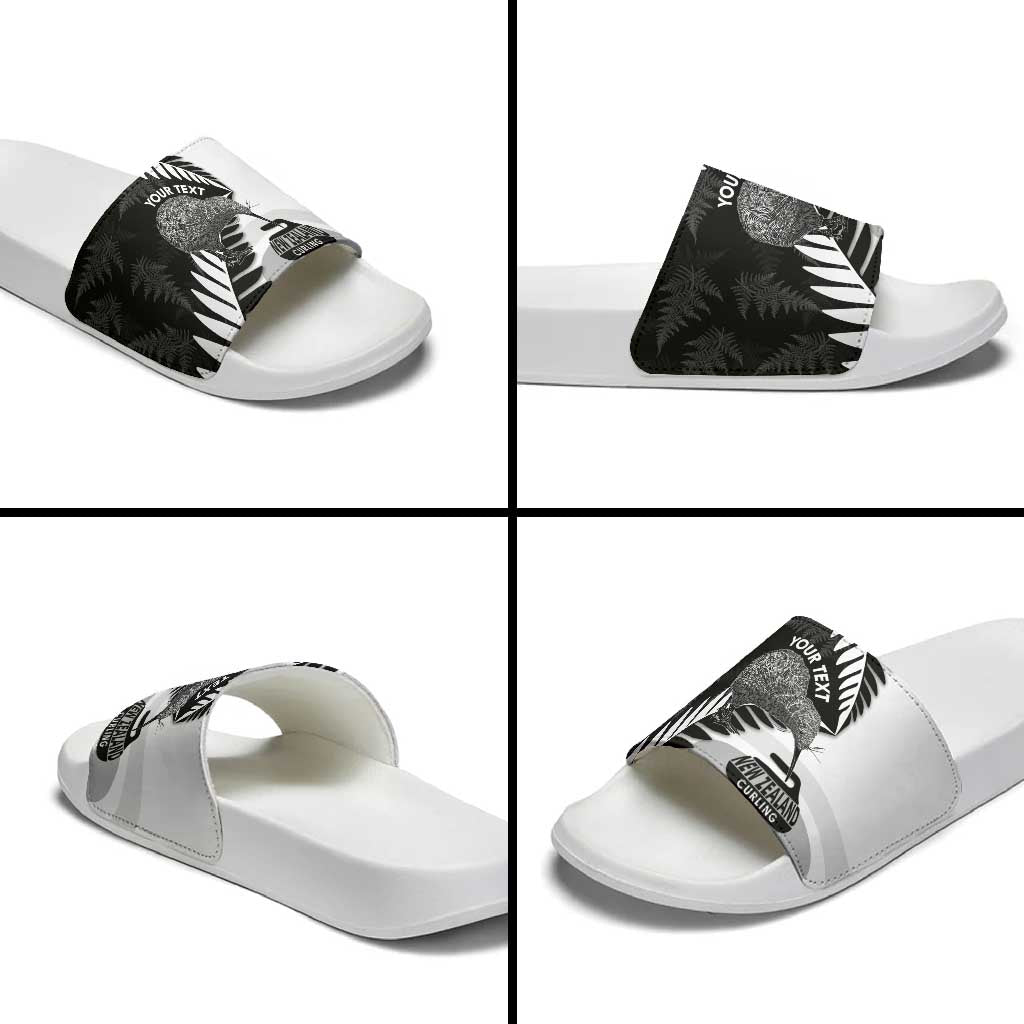 New Zealand Silver Fern Curling Personalised Slide Sandals Aotearoa Kiwi Ponga Black White Version LT14 - Polynesian Pride