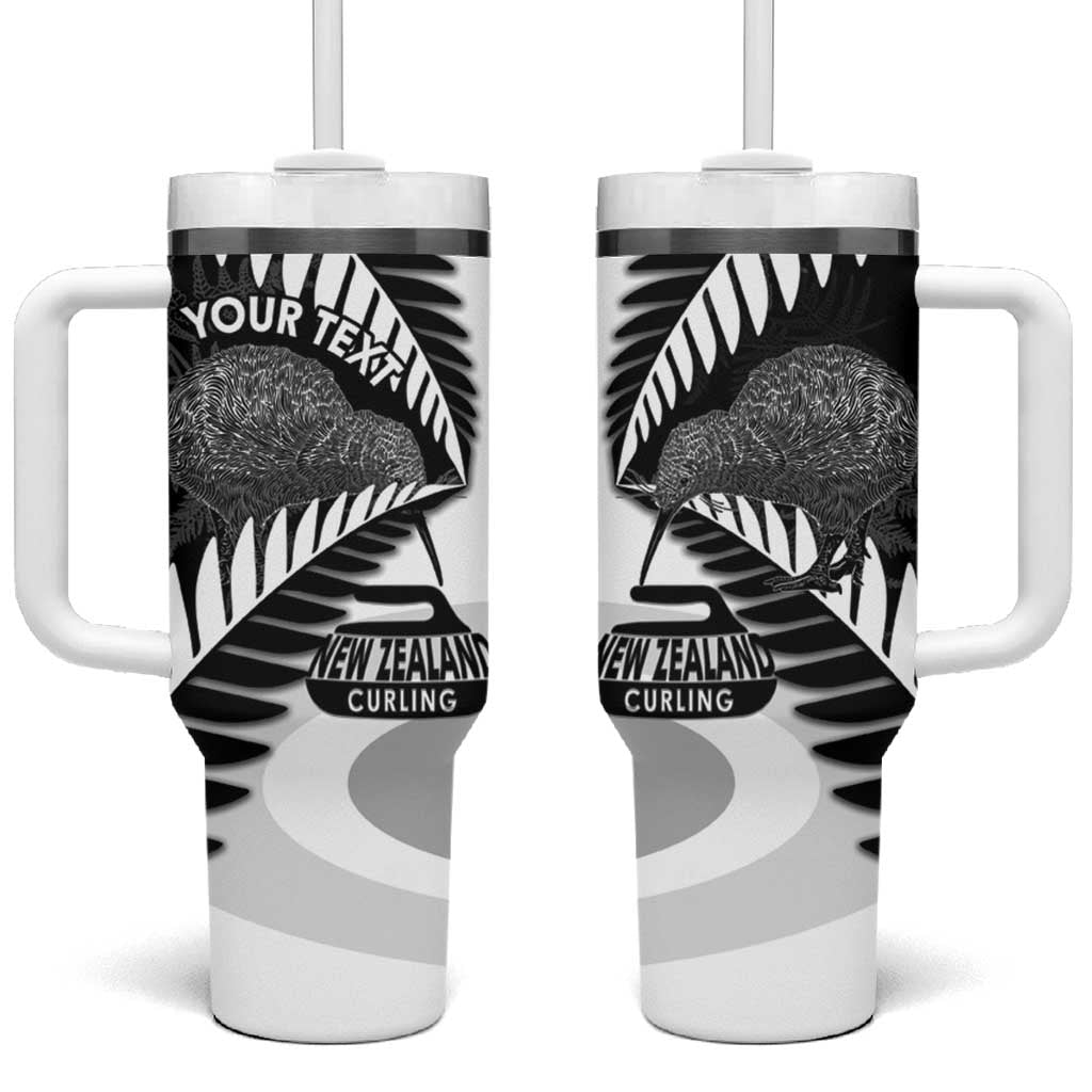 New Zealand Silver Fern Curling Personalised Tumbler With Handle Aotearoa Kiwi Ponga Black White Version - Polynesian Pride