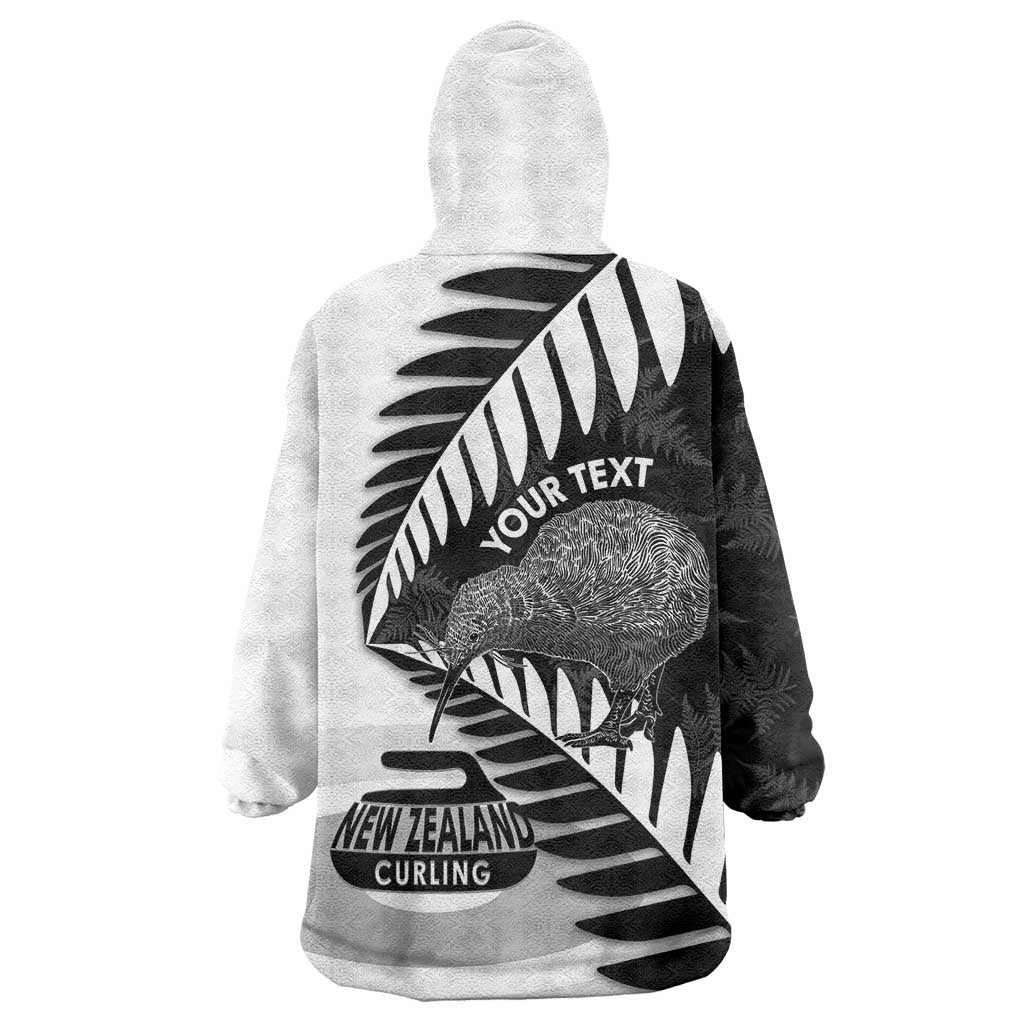 New Zealand Silver Fern Curling Personalised Wearable Blanket Hoodie Aotearoa Kiwi Ponga Black White Version - Polynesian Pride