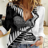 New Zealand Silver Fern Curling Personalised Women Casual Shirt Aotearoa Kiwi Ponga Black White Version - Polynesian Pride
