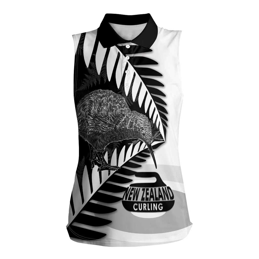 New Zealand Silver Fern Curling Personalised Women Sleeveless Polo Shirt Aotearoa Kiwi Ponga Black White Version - Polynesian Pride