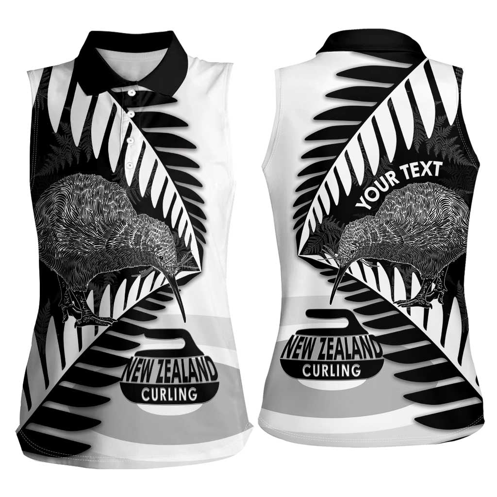 New Zealand Silver Fern Curling Personalised Women Sleeveless Polo Shirt Aotearoa Kiwi Ponga Black White Version - Polynesian Pride