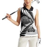 New Zealand Silver Fern Curling Personalised Women Sleeveless Polo Shirt Aotearoa Kiwi Ponga Black White Version - Polynesian Pride
