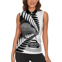 New Zealand Silver Fern Curling Personalised Women Sleeveless Polo Shirt Aotearoa Kiwi Ponga Black White Version - Polynesian Pride
