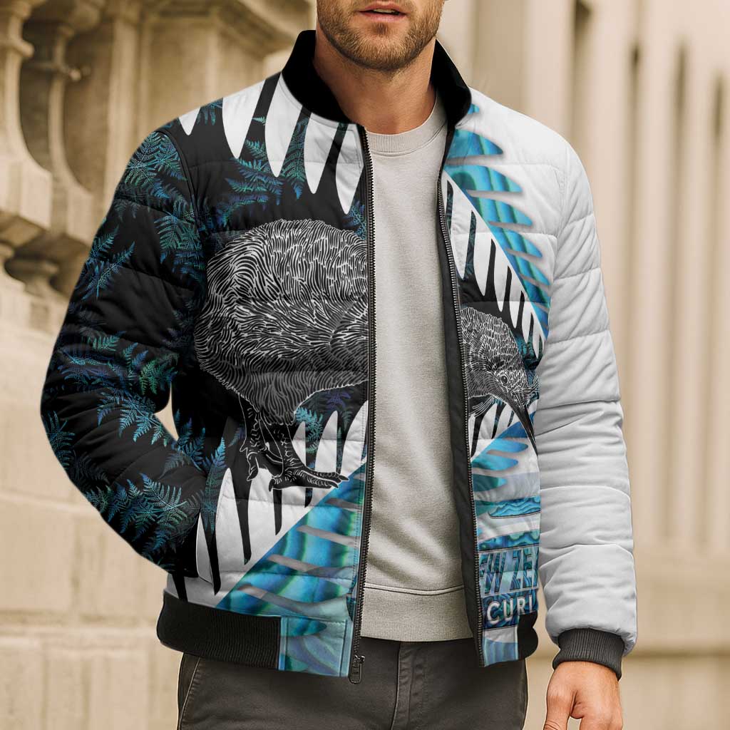 New Zealand Silver Fern Curling Personalised Bomber Puffer Jacket Aotearoa Kiwi Ponga Paua Shell Version - Polynesian Pride
