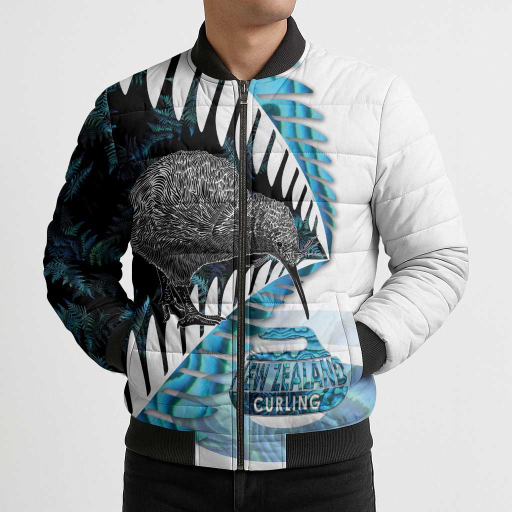 New Zealand Silver Fern Curling Personalised Bomber Puffer Jacket Aotearoa Kiwi Ponga Paua Shell Version - Polynesian Pride