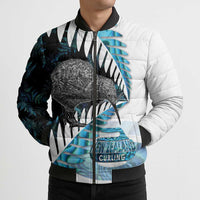 New Zealand Silver Fern Curling Personalised Bomber Puffer Jacket Aotearoa Kiwi Ponga Paua Shell Version - Polynesian Pride