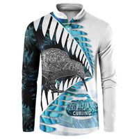 New Zealand Silver Fern Curling Personalised Button Sweatshirt Aotearoa Kiwi Ponga Paua Shell Version LT14 Black - Polynesian Pride