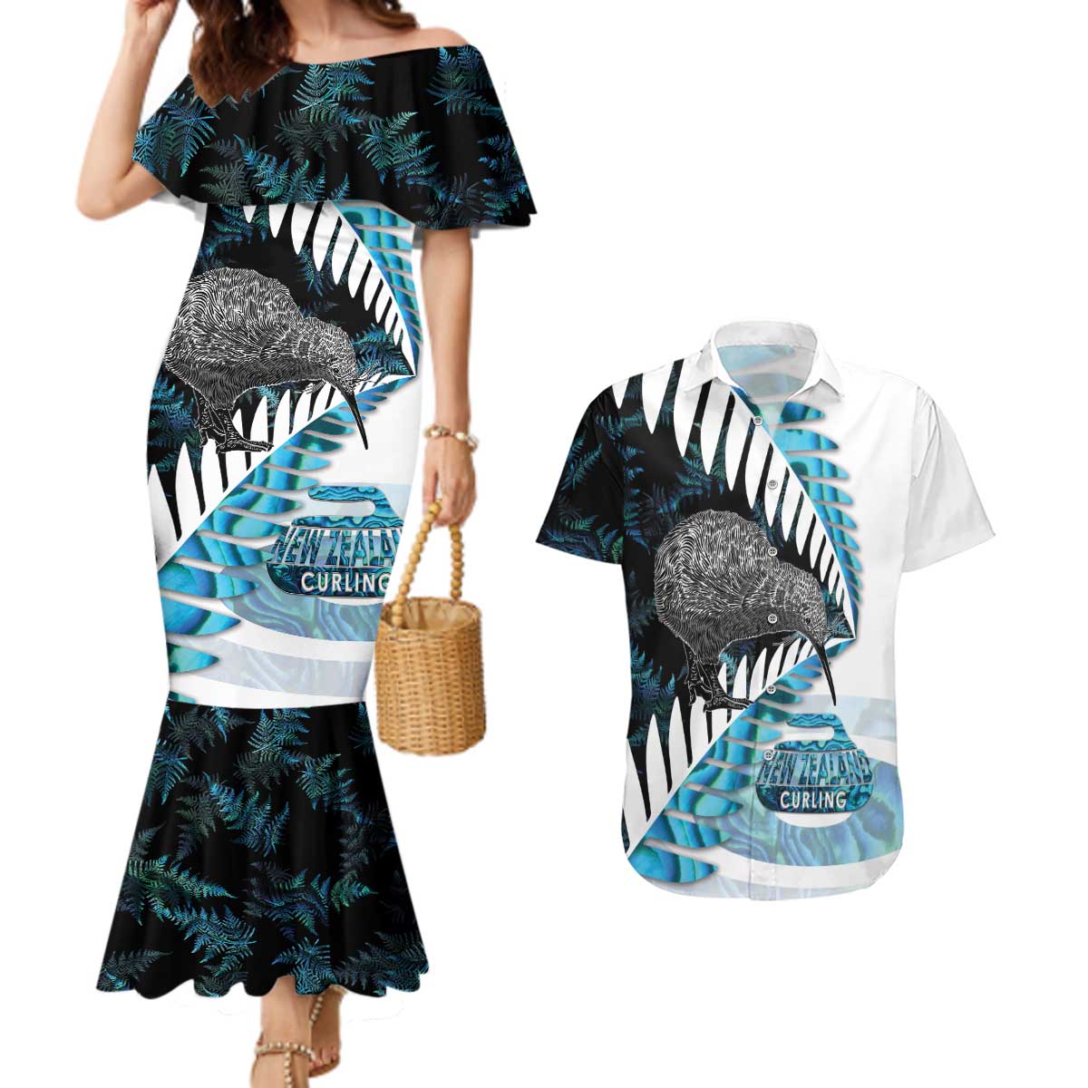 New Zealand Silver Fern Curling Personalised Couples Matching Mermaid Dress and Hawaiian Shirt Aotearoa Kiwi Ponga Paua Shell Version - Polynesian Pride