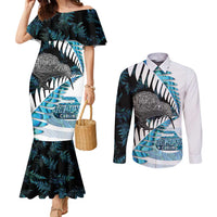 New Zealand Silver Fern Curling Personalised Couples Matching Mermaid Dress and Long Sleeve Button Shirt Aotearoa Kiwi Ponga Paua Shell Version - Polynesian Pride