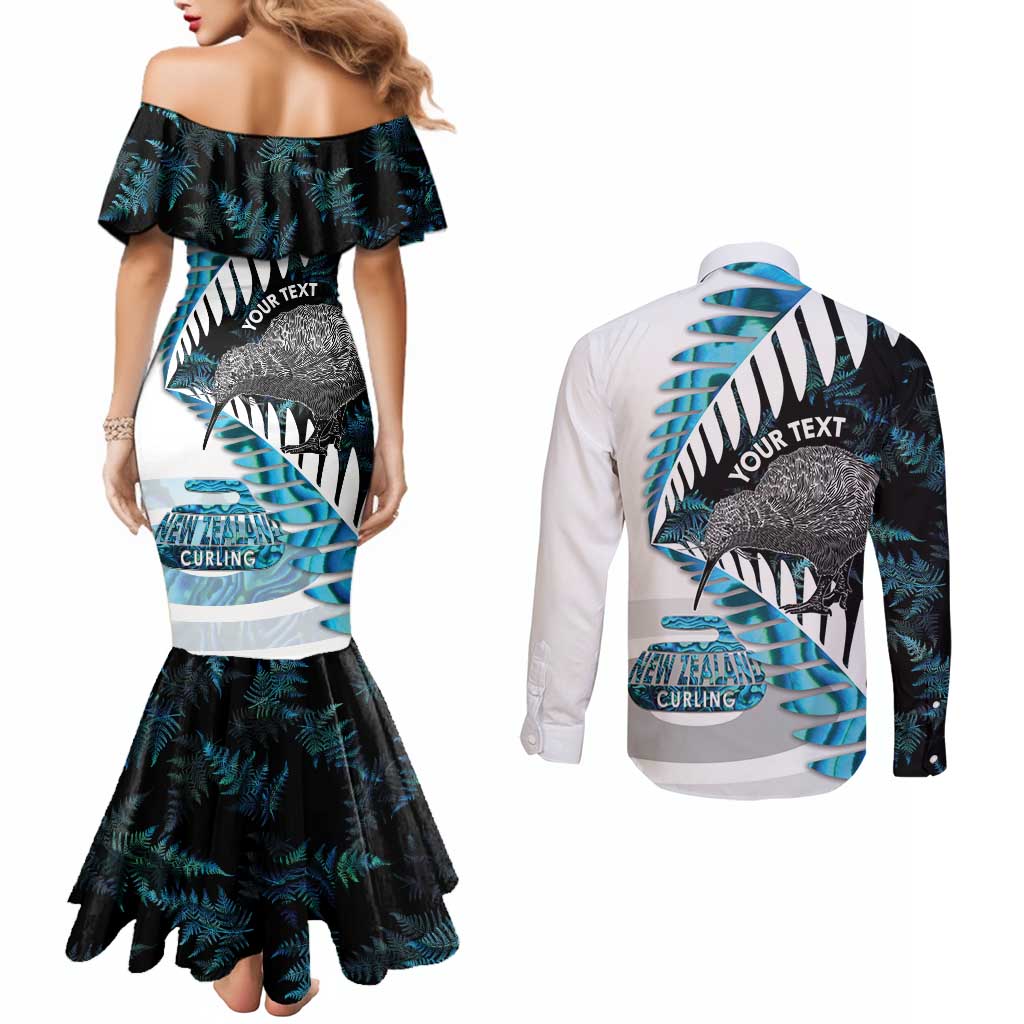 New Zealand Silver Fern Curling Personalised Couples Matching Mermaid Dress and Long Sleeve Button Shirt Aotearoa Kiwi Ponga Paua Shell Version - Polynesian Pride
