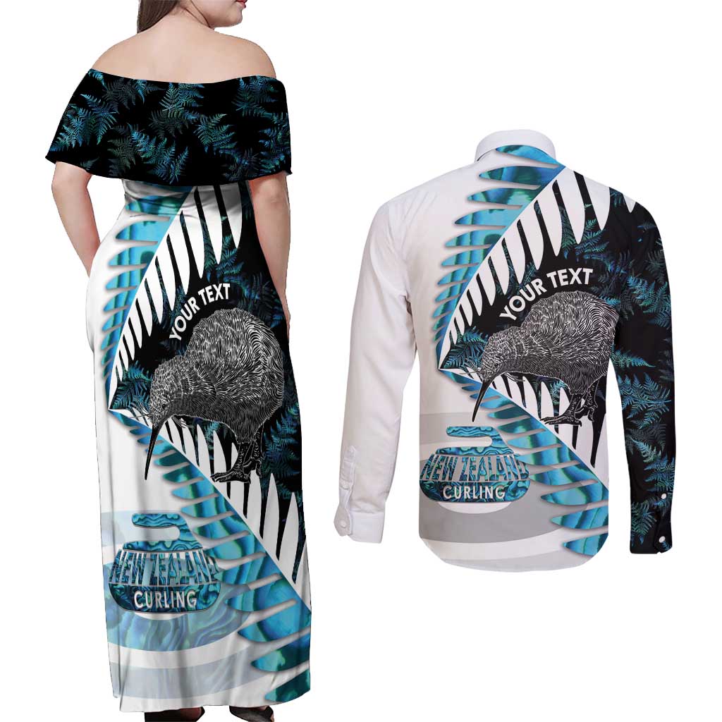 New Zealand Silver Fern Curling Personalised Couples Matching Off Shoulder Maxi Dress and Long Sleeve Button Shirt Aotearoa Kiwi Ponga Paua Shell Version - Polynesian Pride