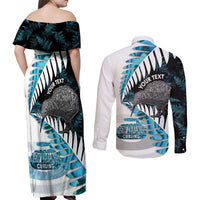 New Zealand Silver Fern Curling Personalised Couples Matching Off Shoulder Maxi Dress and Long Sleeve Button Shirt Aotearoa Kiwi Ponga Paua Shell Version - Polynesian Pride
