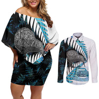 New Zealand Silver Fern Curling Personalised Couples Matching Off Shoulder Short Dress and Long Sleeve Button Shirt Aotearoa Kiwi Ponga Paua Shell Version - Polynesian Pride