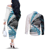 New Zealand Silver Fern Curling Personalised Couples Matching Off The Shoulder Long Sleeve Dress and Long Sleeve Button Shirt Aotearoa Kiwi Ponga Paua Shell Version - Polynesian Pride