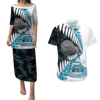 New Zealand Silver Fern Curling Personalised Couples Matching Puletasi and Hawaiian Shirt Aotearoa Kiwi Ponga Paua Shell Version - Polynesian Pride